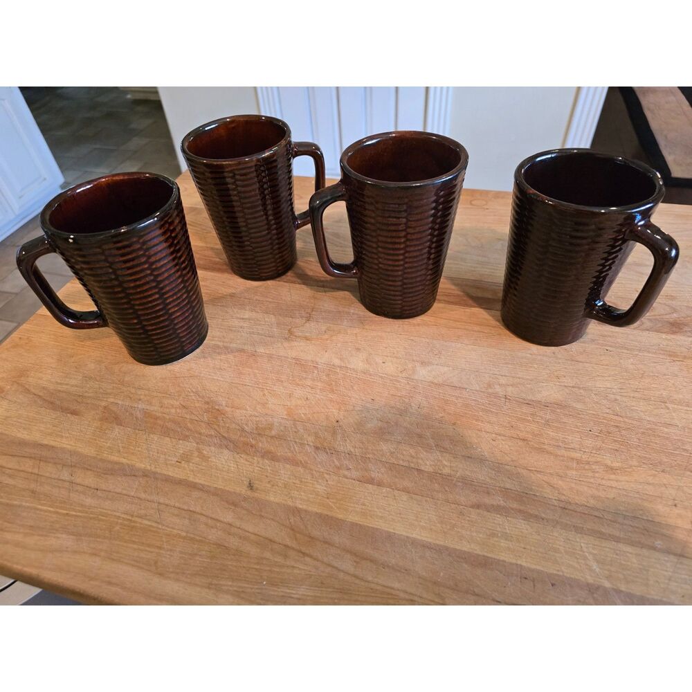 Large VTG Heirloom USA Brown Basketweave Stoneware Coffee Mugs 806 Pottery 4